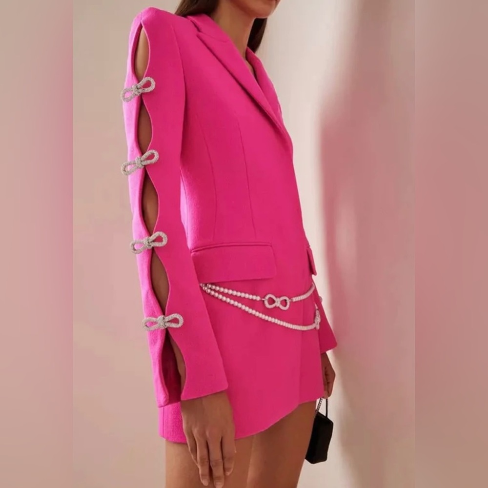 Mach & Mach Crystal & Faux Pearl-Embellished Blazer Minidress in pink